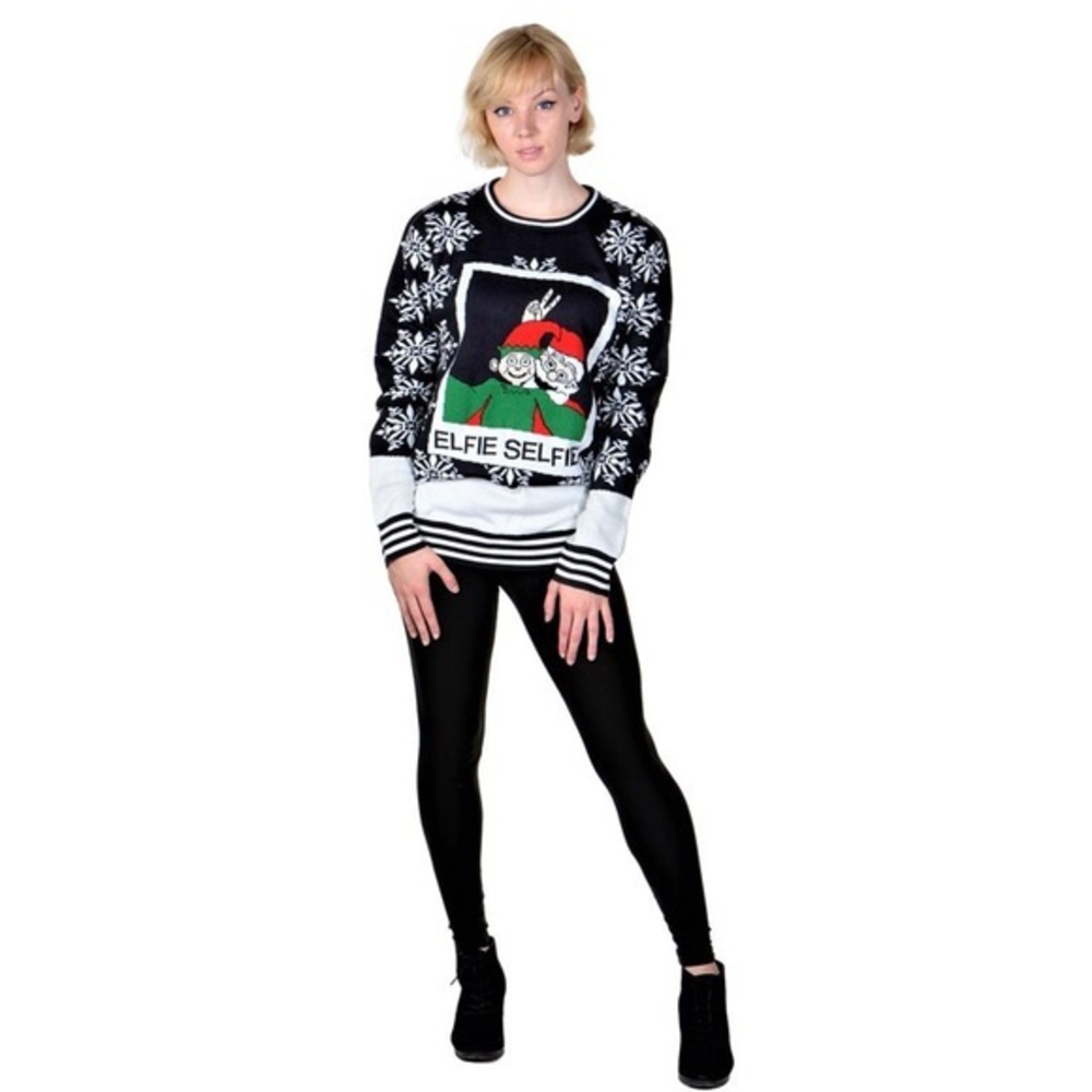 NWOT Elfie Selfie Santa‎ Ugly Christmas Sweater Pullover Gray Med